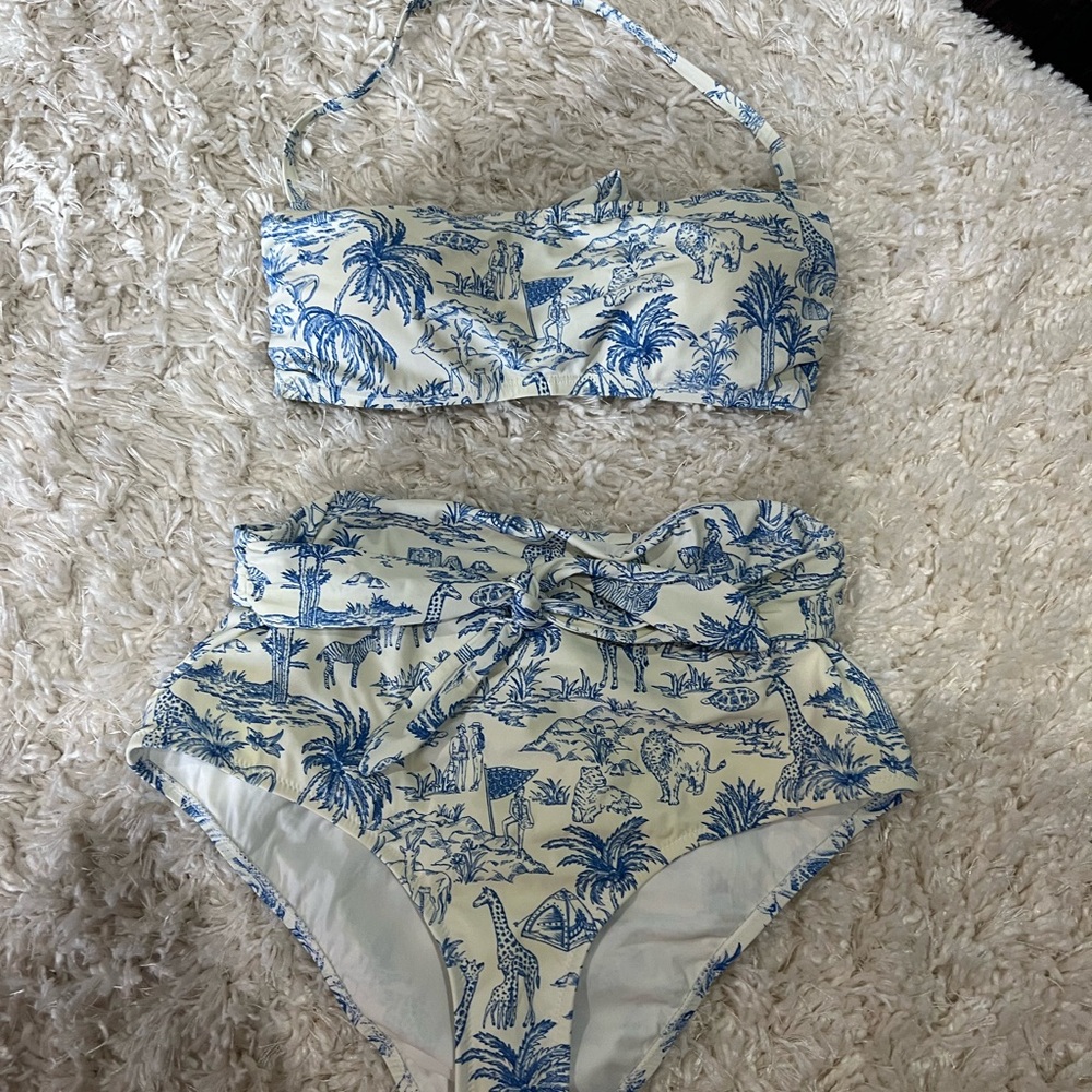Blue and White Tropical Print Bikini Set